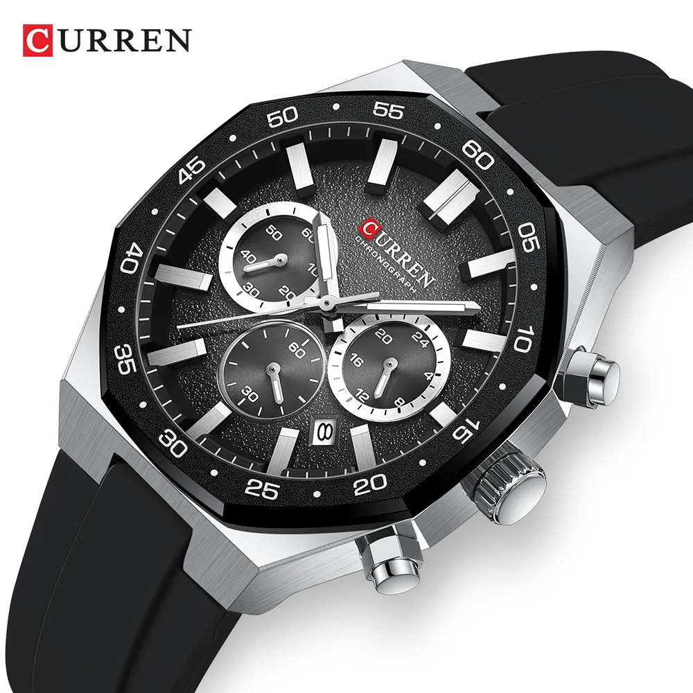 CURREN Men's Sports Chronograph Wristwatch with Black Silicone Band Auto Date Luminous Hands 82g Light Quartz Watch for Men