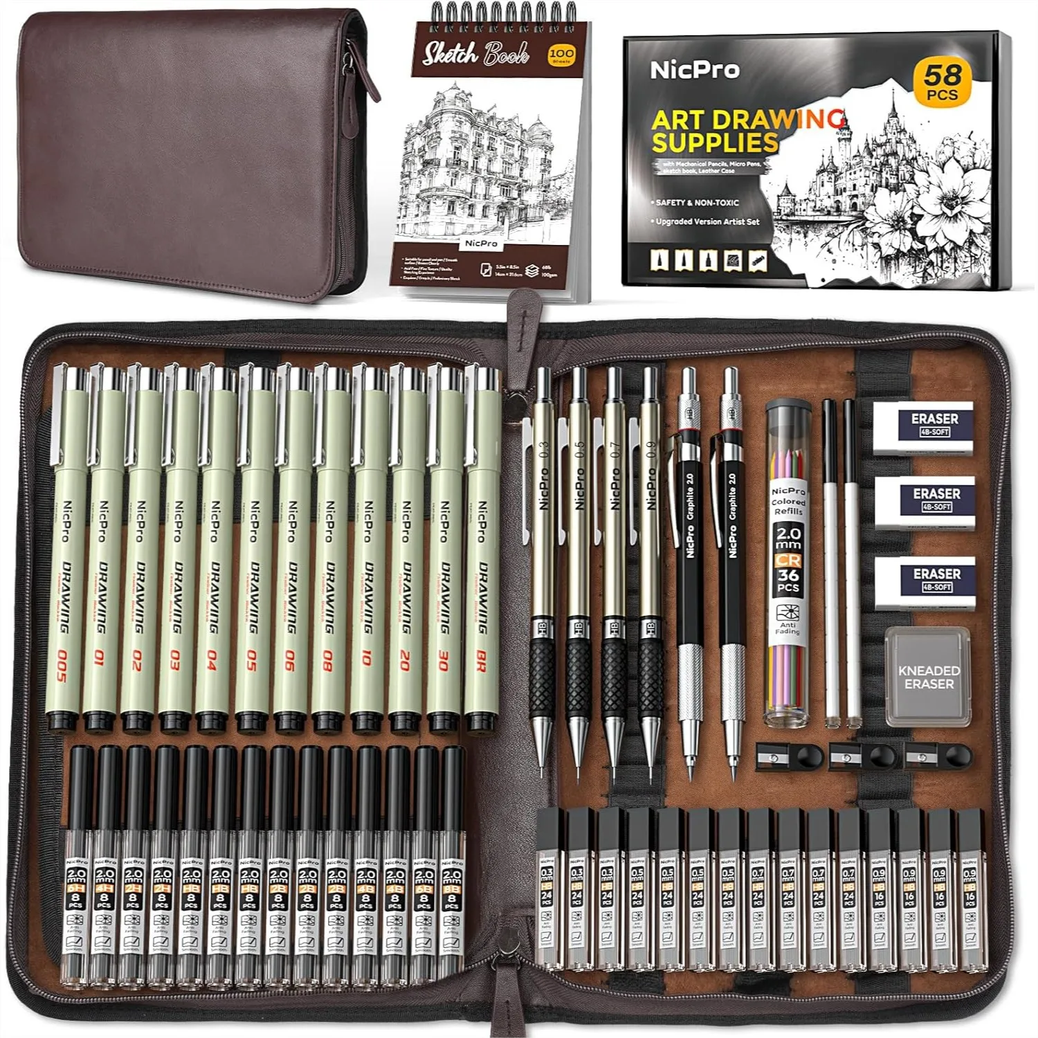 

58 PCS Art Drawing Supplies Kit in Leather Case, Mechanical Pencil Set 0.3-2mm, 12 Micron Pens, Sketch Book, Lead Refills for