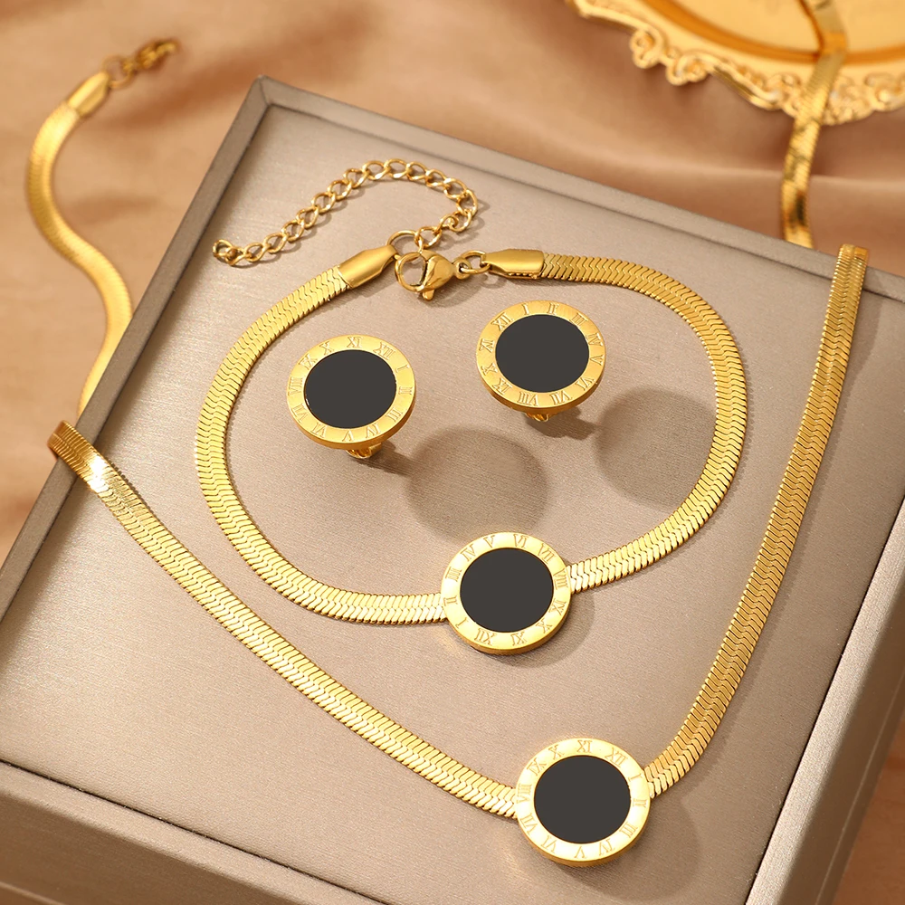 DGIDDK Stainless Steel Simple Roman Numerals Black Round Pendant Flat Snake Chain Necklace Bracelet Earrings Women's Jewelry Set