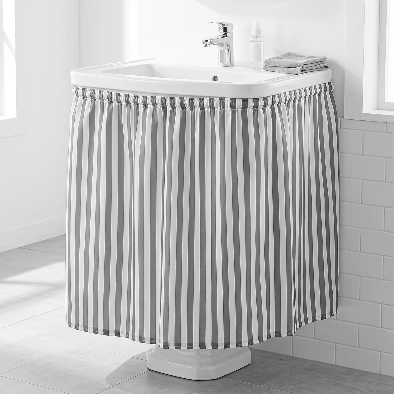 Bathroom Sink Skirt Pedestal Sink Wrap Curtain Striped Cover 55x32 Easy Install Under Cabinet Kitchen Laundry Mess Concealer