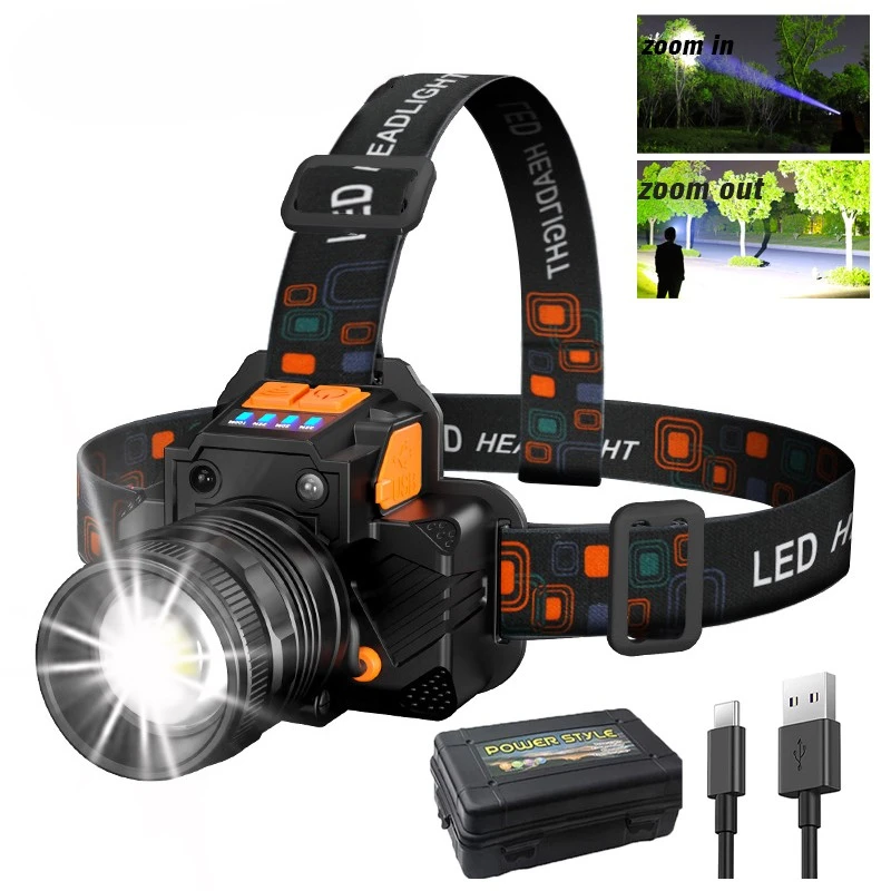 Super Bright Led Headlamp Fishing Headlight Portable Flashlight Zoom Sensor Rechargeable Outdoor Waterproof Camping Hunting 20w