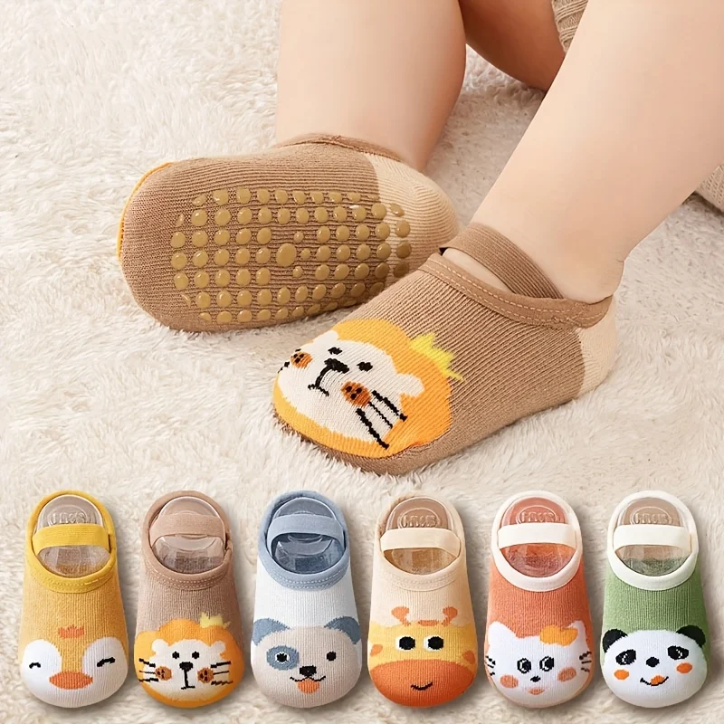 boys and girls' anti slip socks with cute cartoon animal patterns, comfortable and breathable baby floor socks