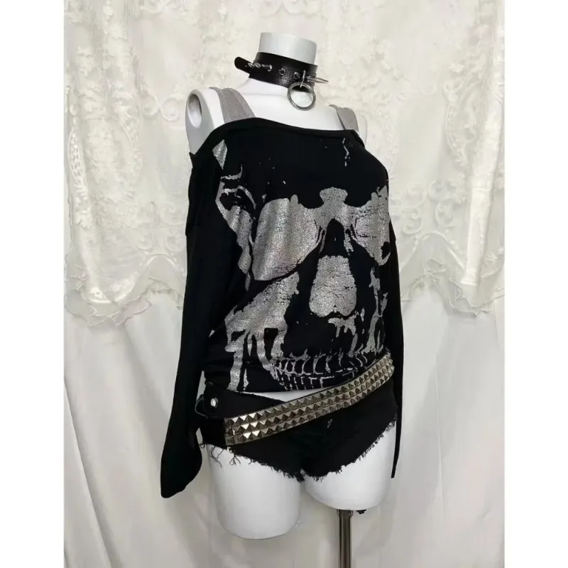 

Модный женский свободный топ на одно плечо с длинными рукавами и принтом черепа, осенний топ на одно плечо для девочек