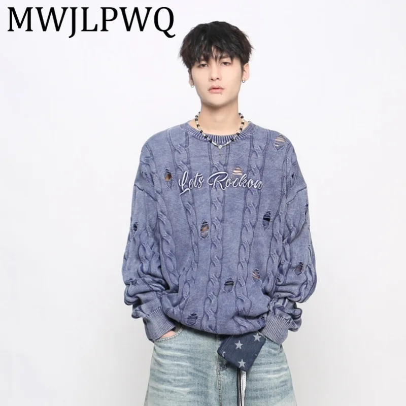 เสื้อสเวตเตอร์ผู้ชายสไตล์อเมริกัน MWJLPWQ รุ่น High Steet Vintage สีสันตัดกันแบบดิสเทรส ขาดๆ แบบลำลอง สไตล์คู่รักหลวมๆ สำหรับฤดูใบไม้ร่วงและฤดูหนาว รุ่น 21073