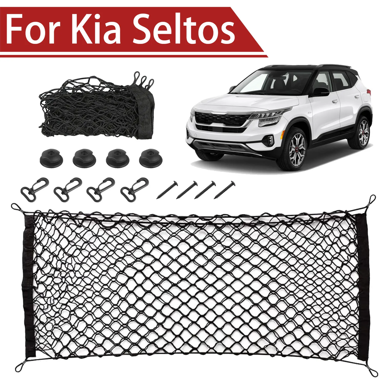 

For Kia Seltos 2019-2025 Cargo Net Trunk Organizer, Elastic Mesh Storage Net Car Accessories Storage Belt Hook