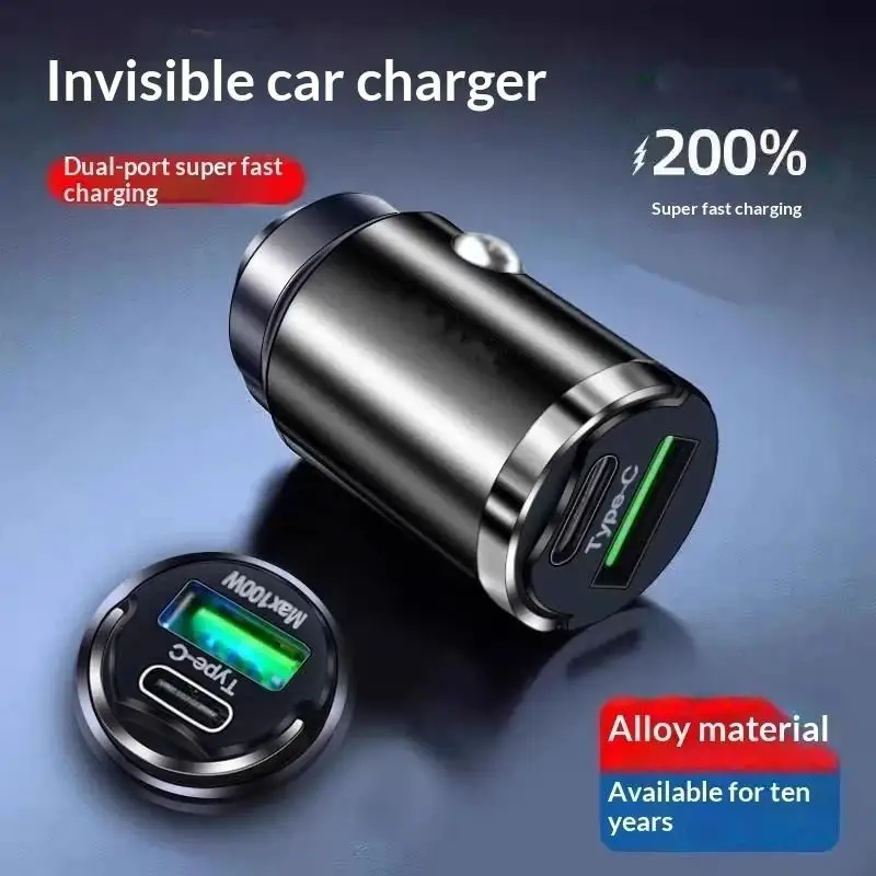 100W Dual Port Fast Car Charger Mini Type C USB Charging Adapter for  15 Pro Max Long Drive Family Trip Use