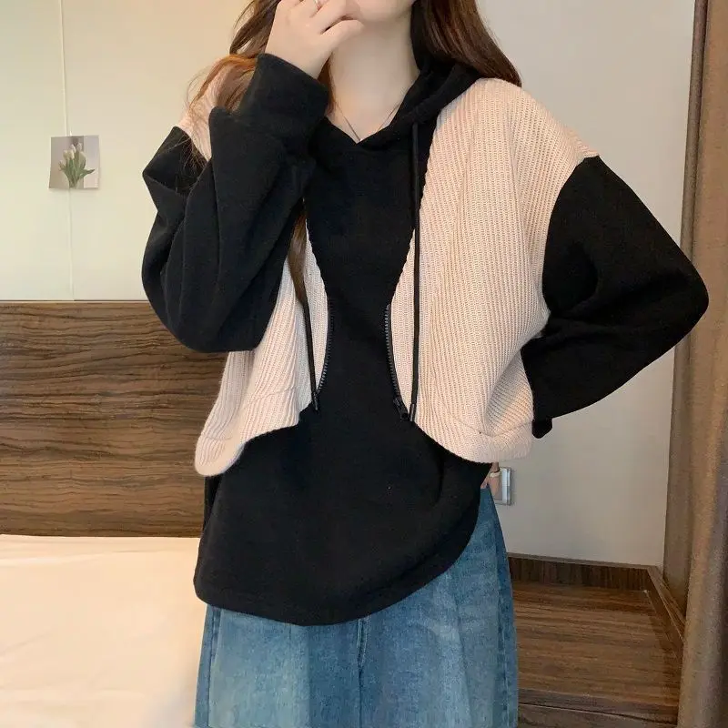 

Chic Splice Fake Two-Piece Hoodies Women Fashion Korean Long Sleeve Pullover Hooded Sweatshirt Oversized Casual Loose Tops