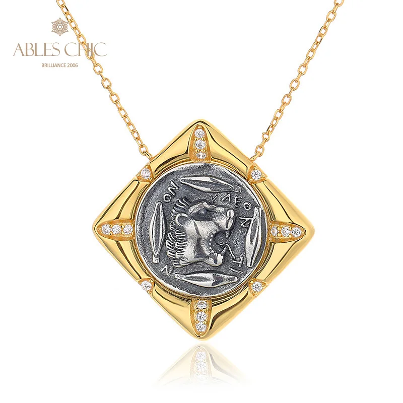 Ables Chic Greek Roaring Lion Silver Coins Rhombus Charm Solid 925 Silver Roman Coin Pendant Necklace N1074