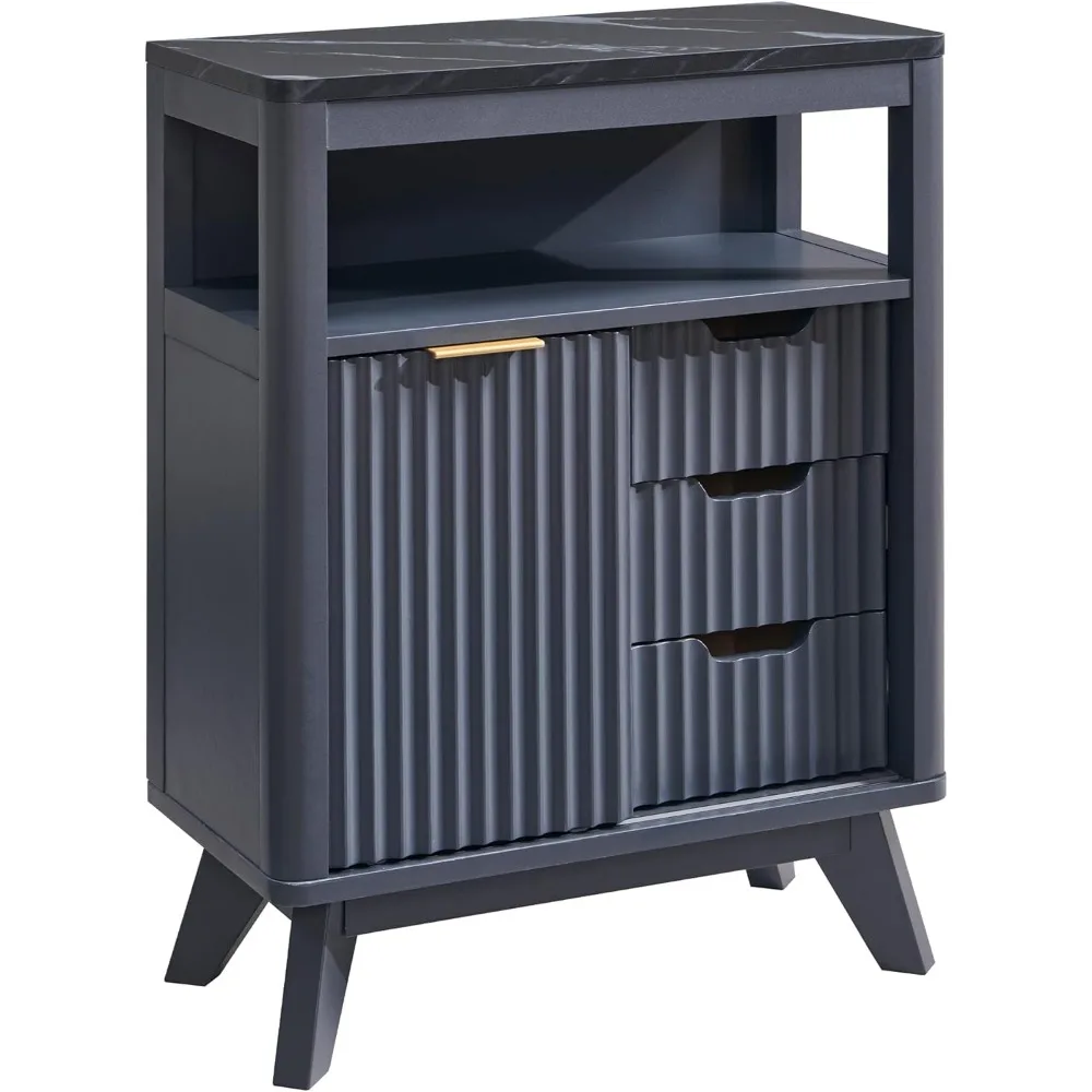 

Fluted Bathroom Floor Cabinet with Sliding Door, Modern 3 Drawers Storage Organizer w/Adjustable Shelf and Faux Marble T