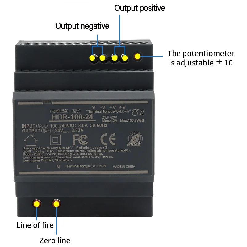 DIN Rail Switching Power Supply HDR 15W 30W 60W 100W 150W AC to DC 5V 12V 24V Single Output Step Shape Industrial Transformer
