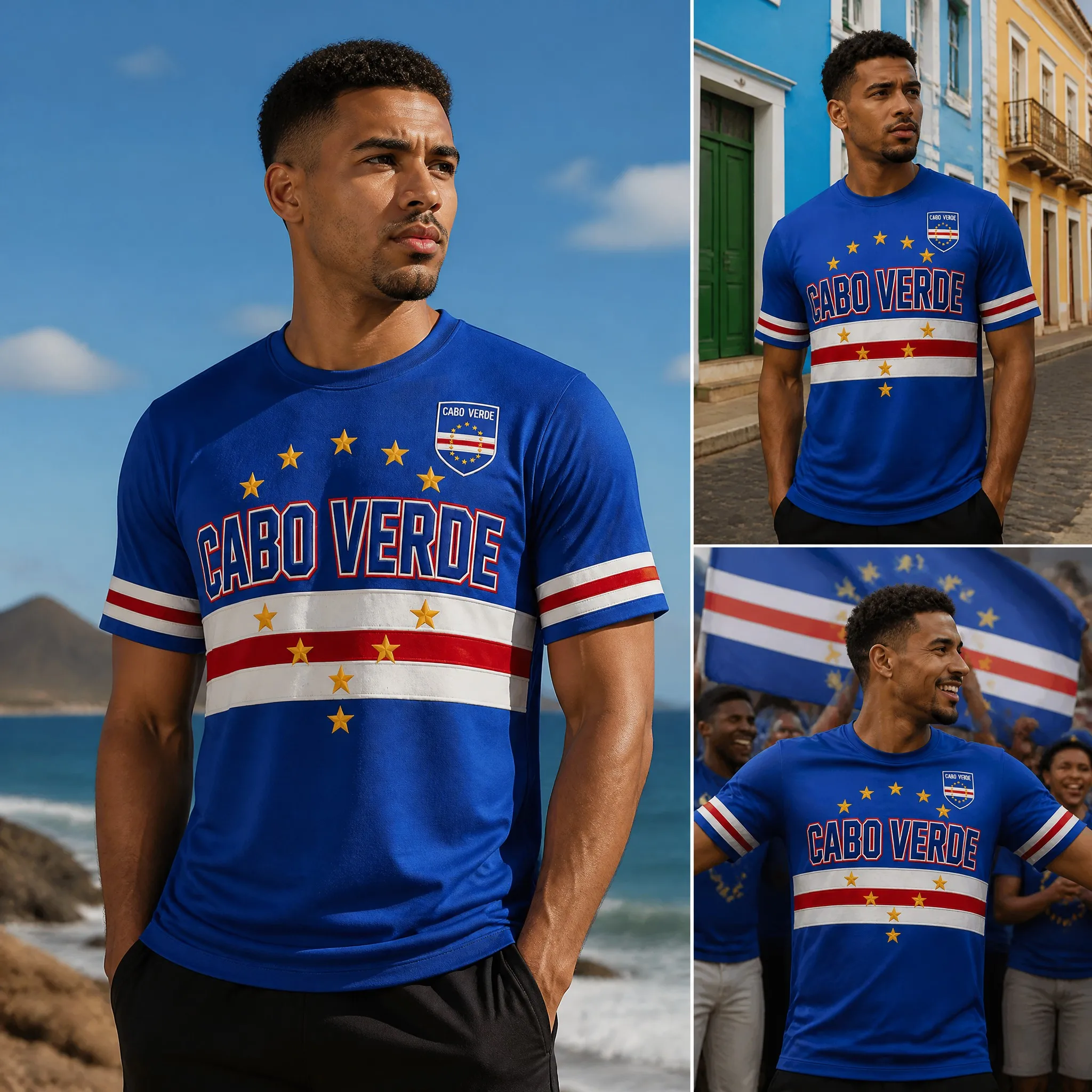 Mens Cabo Verde Crew Neck T Shirt Blue Gold Crest Print Short Sleeve Casual Top Fan Style Streetwear Travel Summer Look New Look