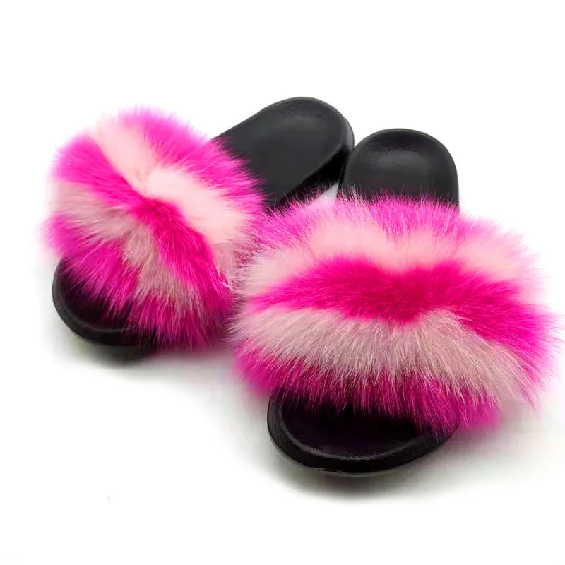 ผู้หญิง Flip Flops แฟชั่นแบนขนสุนัขจิ้งจอกจริงรองเท้าแตะในร่ม Anti SLIP เย็บสี Fluffy Fox FUR รองเท้าแตะรองเท้าแตะ 2025