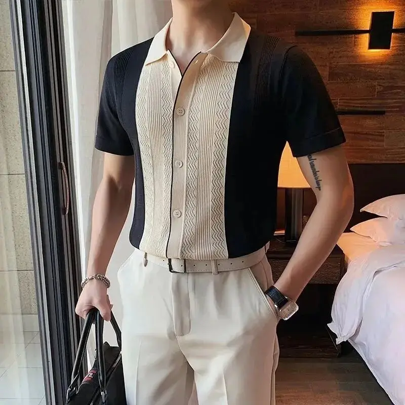 New Knitted Short Sleeve For Men Korean Shirt Slim Fit Mature Hollow Out Turn-Down Collar Unique Top Hiphop Street Wear Yellow