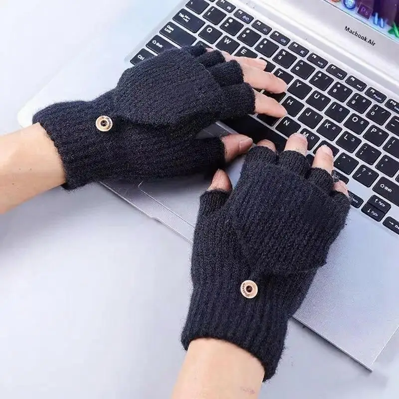 

Unisex Wool Knitted Fingerless Flip Gloves Winter Warm Flexible Touchscreen Gloves Exposed Finger Mittens Glove For Men Women