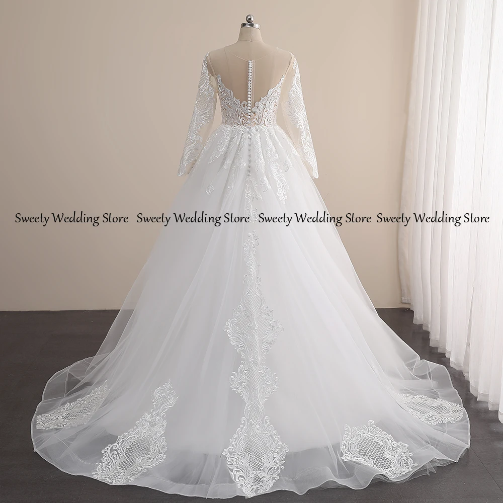 Prachtige Lange Mouwen Trouwjurken Boothals Delicate Applique Illusion Vestido De Novia Baljurk Bridal Dress