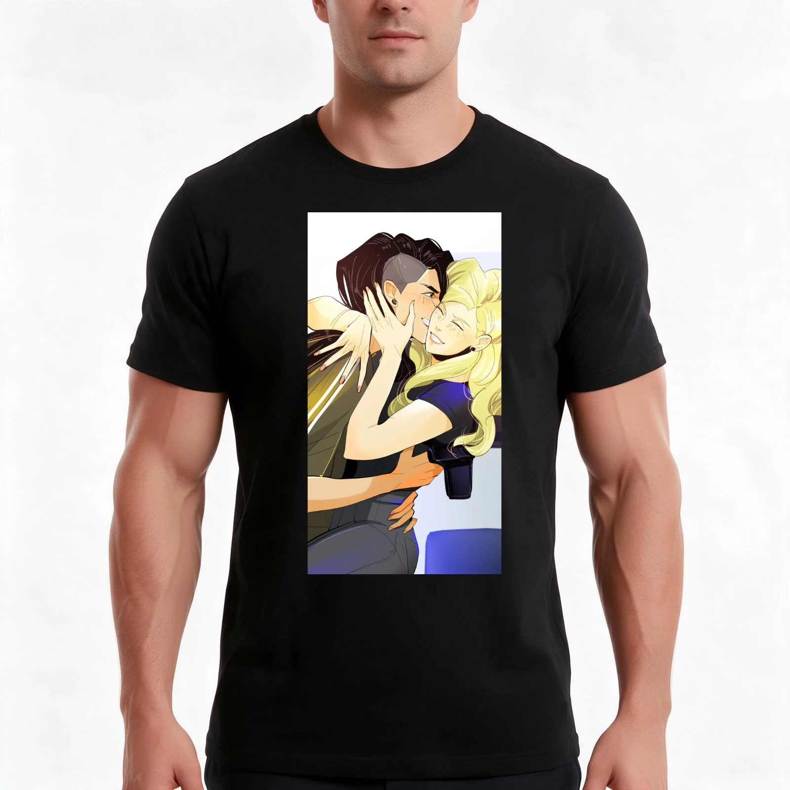 Mitsu and Celia hug Blindfold Mashersan T-Shirt, Summer Casual Cotton Tee, Oversized Streetwear Tops, Vintage Graphic Print