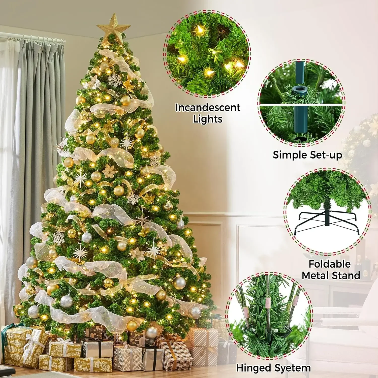 Flocked Full Prelighted Xmas Tree with 2084 Branch Tips, 900 Incandescent Lights & Foldable Stand, Pure Green