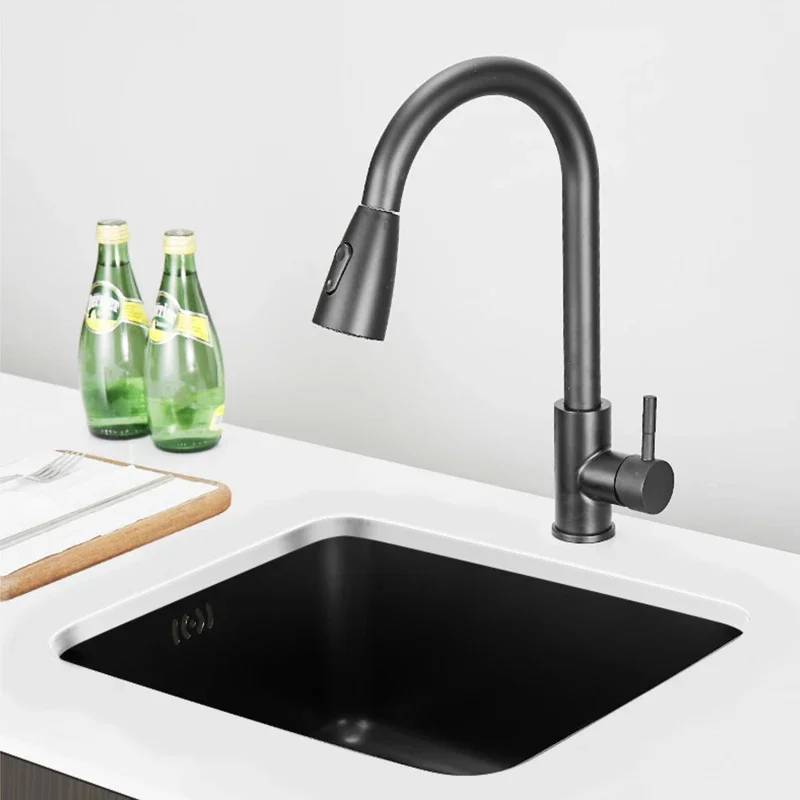 Fregadero de cocina Nano negro de acero inoxidable 304, lavabo de un solo tazón, grifo pequeño, accesorios de drenaje para el hogar