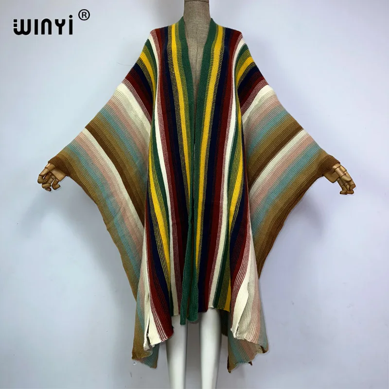 WINYI mantel bulu mewah untuk wanita, pakaian musim dingin motif garis-garis, mantel bulu longgar tebal hangat, kardigan modis untuk wanita