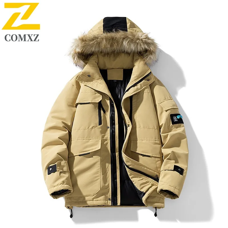 COMXZ العمل في الهواء الطلق الرجال سترة مبطنة عادية مقنع سميكة الدافئة سترة الفراء طوق تصميم مغامرة معاطف الشتاء مقاومة البرد