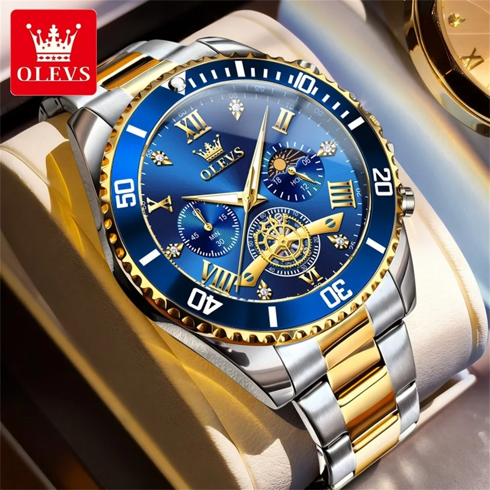 Luxury OLEVS Quartz Gold Metal Band Watch Sun Moon Phase Tourbillon Window Luminous Waterproof Male Dress Sport Watch