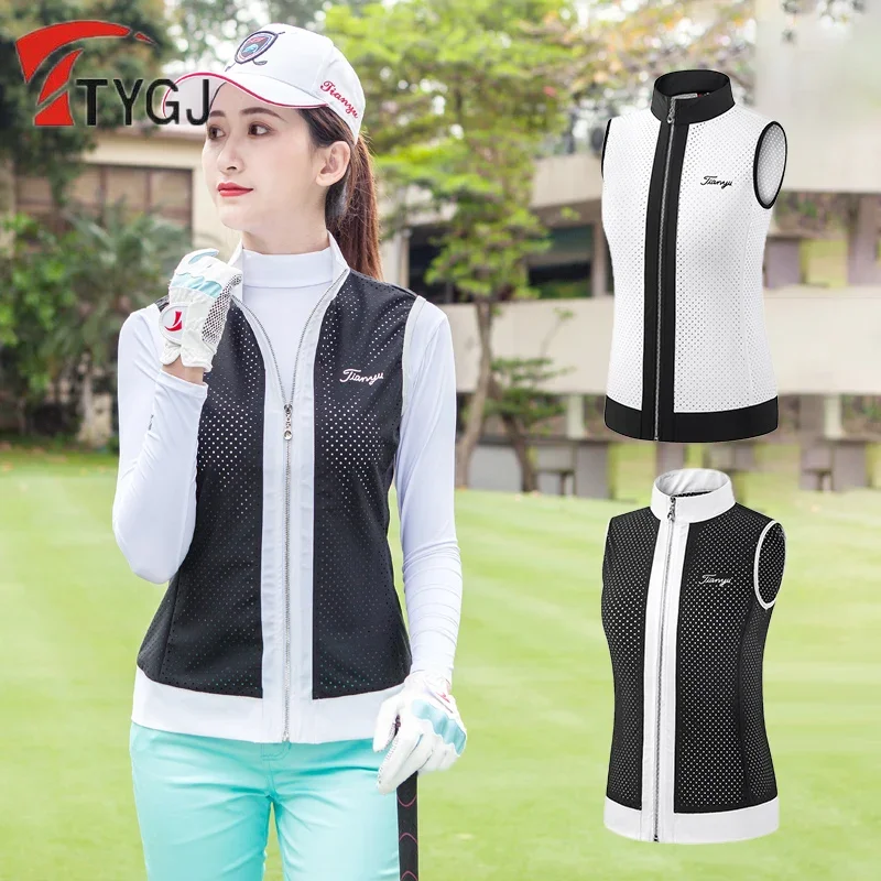 Ttygj Women Breathable Mesh Golf Jackets Ladies Slim Sleeveless Golf Vest Female Anti-sweat Full Zipper Coats Casual Jackets