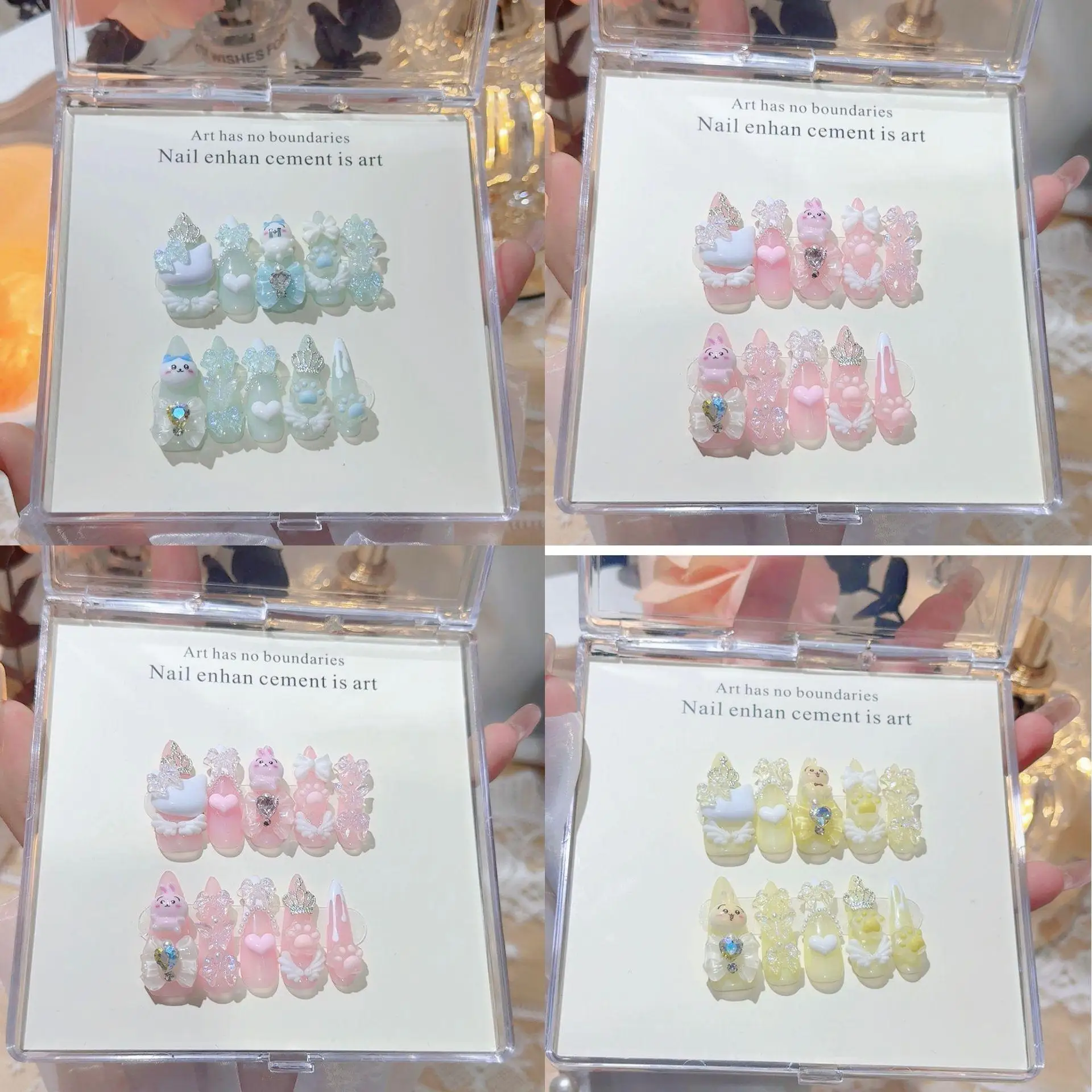 

Cute Usagi Themed Fake Nails, Sheer Lace Rhinestone Design, Handcrafted Press on Nails with Glue, Short Oval for Daily Wear