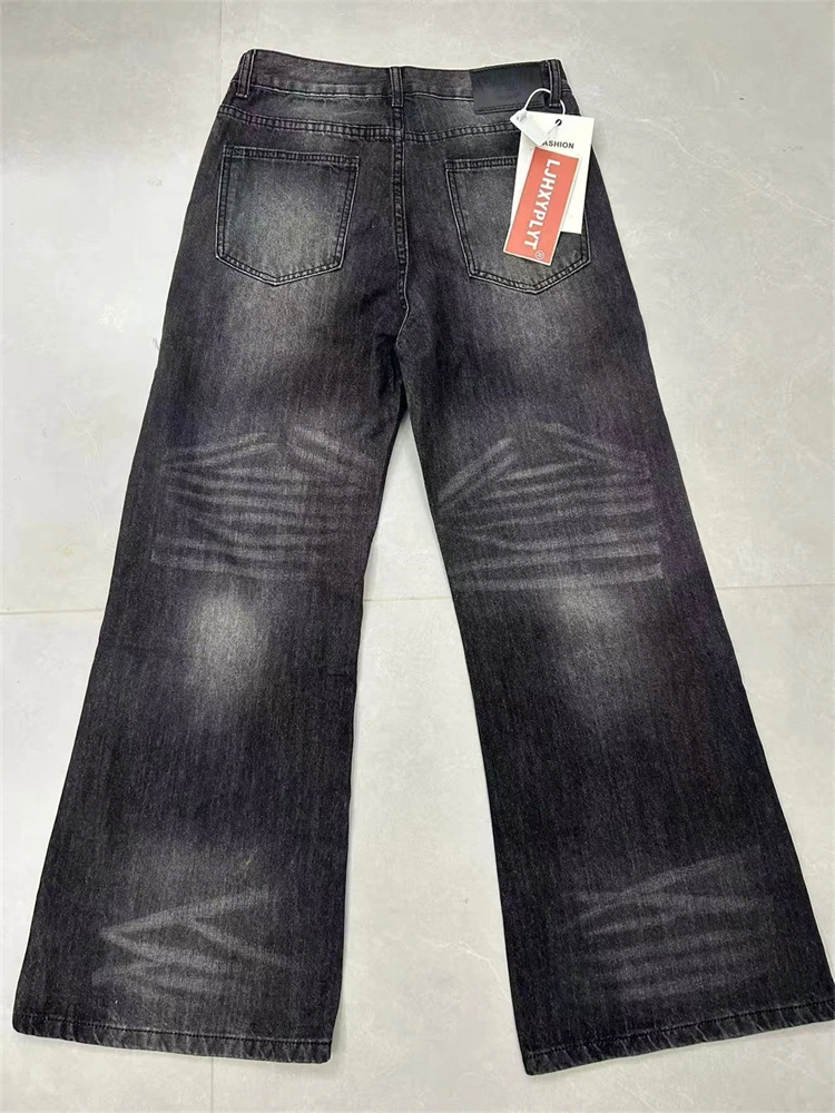 Men's Single Breasted Design Retro Black Gray Jeans Wide-leg Denim Trousers Boys Bottom High Waist Sweatpants Male Casual Pants - view 6