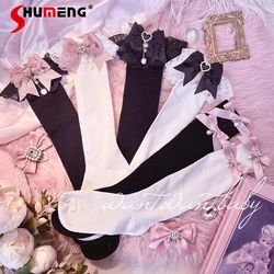 Original Handmade Lolita Girl Stockings Kawaii Mine Series Knee Socks 2023 Fall Winter Cute Love Heart Bow Tie Lace Long Socks