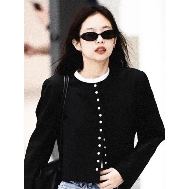 Firmranch Korean Jennie Clothes Black Multiple Button Design Cardigan Jacket O-Collar Thin Star Girl y2k Coat Skinny Short Top