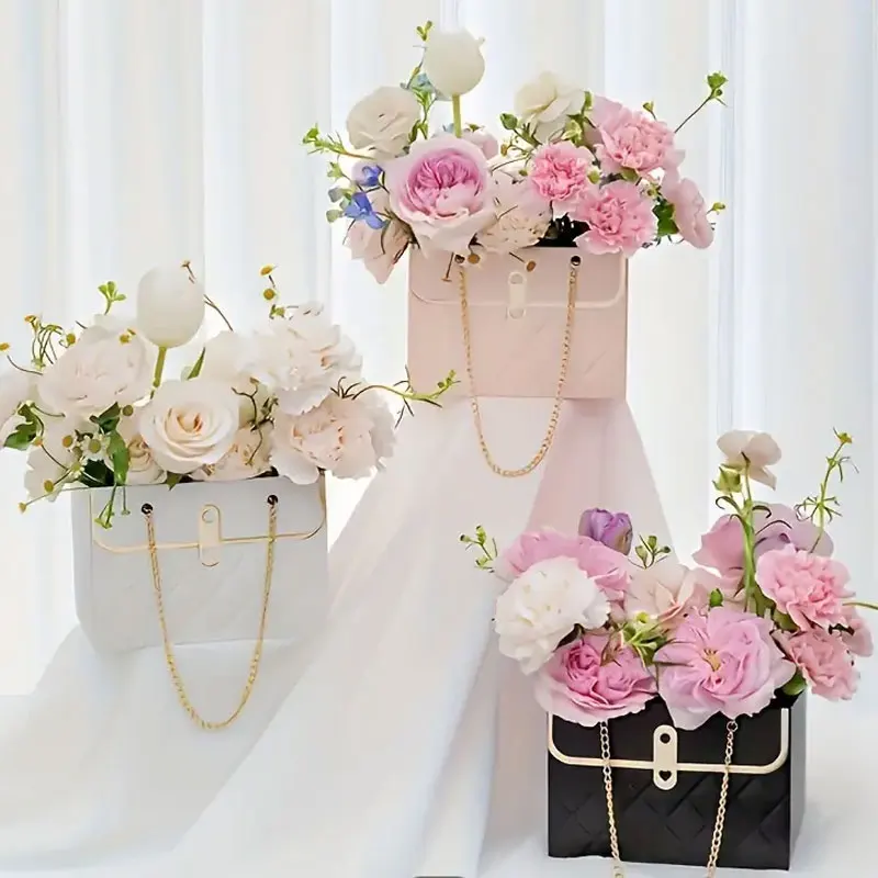1/3pcs Elegant Portable Flower Gift Boxes With Metal Chain Handles Paper & Metal Bouquet Storage Bins For Wedding Birthday Decor