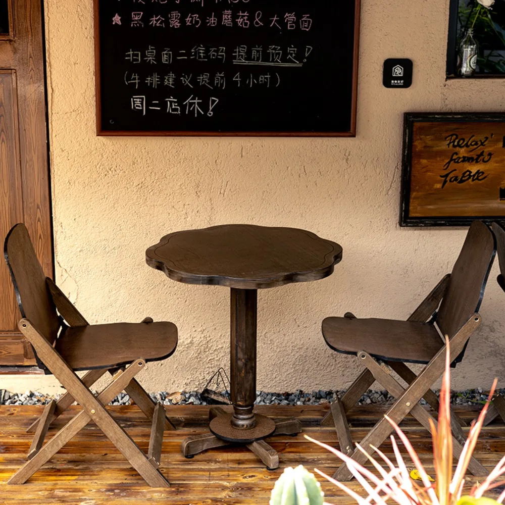 Mesa Retro de madera maciza para balcón, silla con respaldo plegable para interiores y exteriores, pequeño apartamento, café redondo