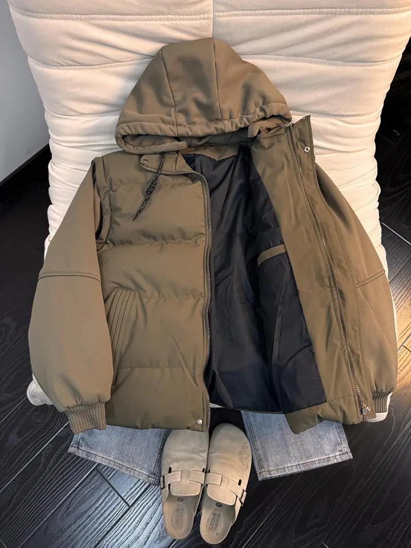 

Retro American Coffee Color Hooded down Jaet Men's Winter Outerwear ort High-End Bread Cotton Coat Youth Casual Urban Life