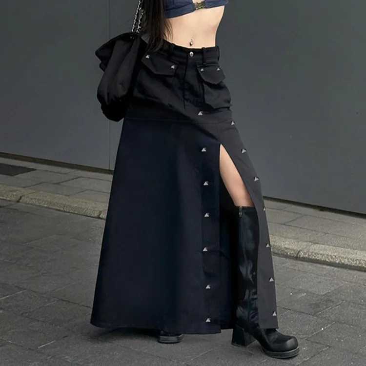 Vintage Punk Rivet Split Skirt for Women 2024 Summer New Loose Denim Skirts Y2k Mid-length All-match Black Faldas Mujer