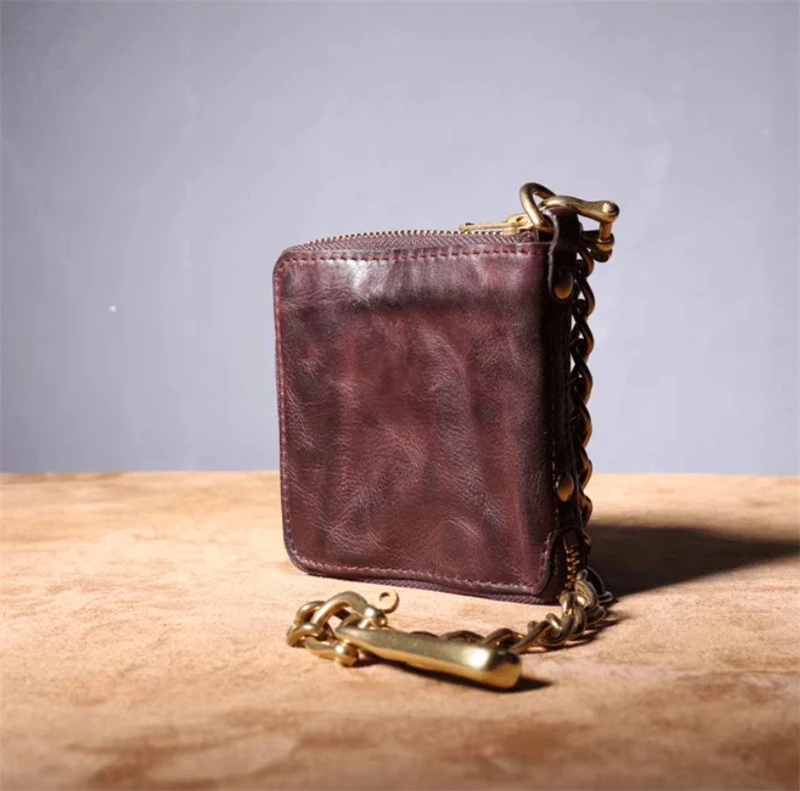 Simple fashion high-quality first layer cowhide men's chain wallet vintage designer handmade pleated genuine leather teen wallet