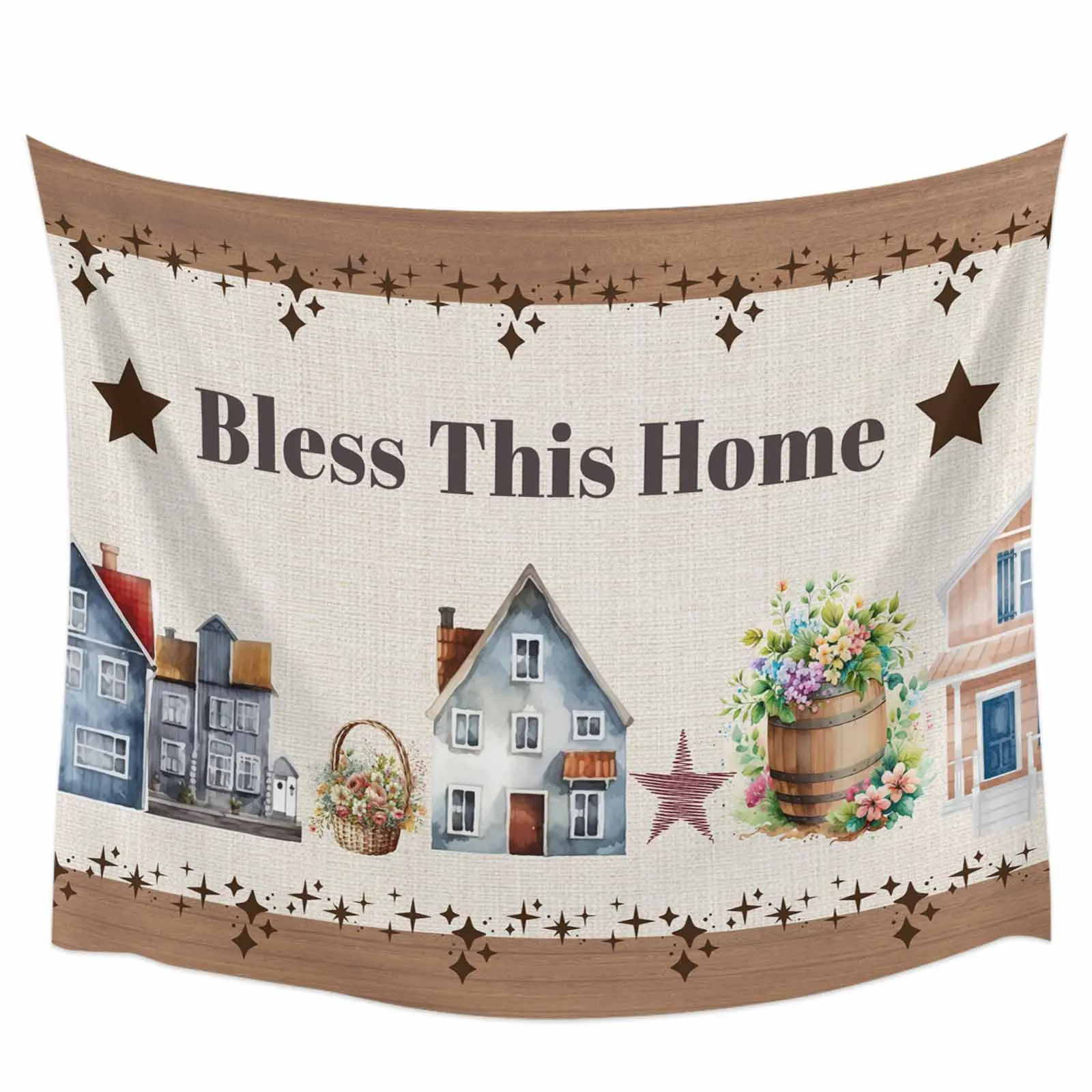 Watercolor House Stars Wood Grain Tapestry Wall Hanging Custom Boho Decoration Wall Tapestry Home Decor Hanging Cloth