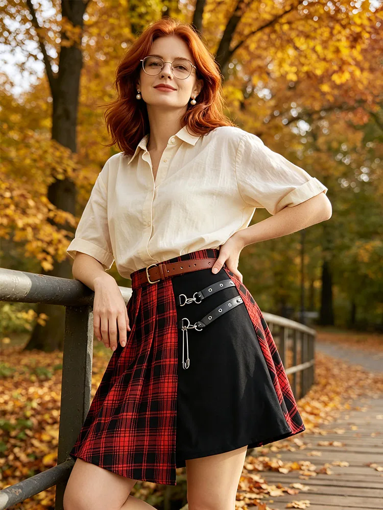 Gothic Plaid Patchwork Pleated Mini Skirt Punk Metal Strap Safety Pin Asymmetric High Waist Street Skort