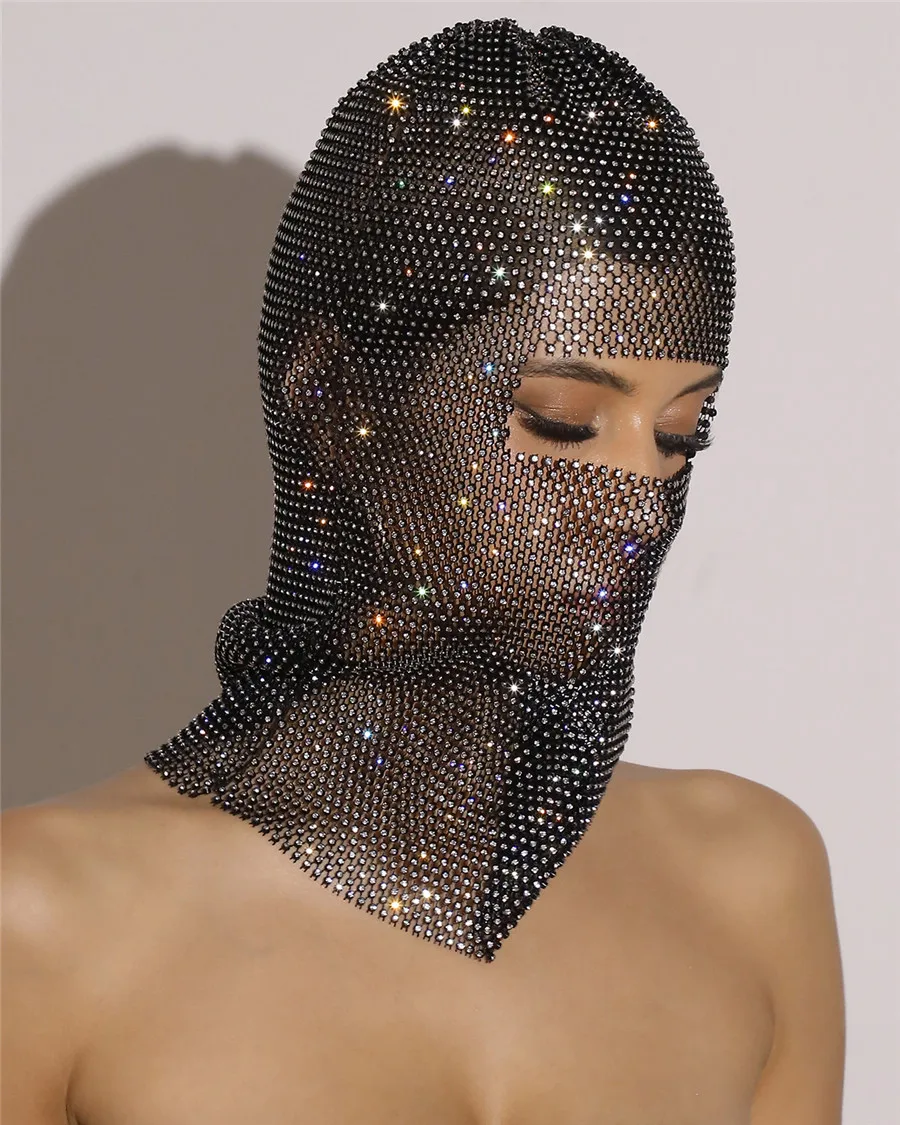 Y2K Balaclava Sparkly Diamonds Hat Turban Women Hollow Fishnet Rhinestone Headhood Club Rave Party Head Mask Headwrap Headcover