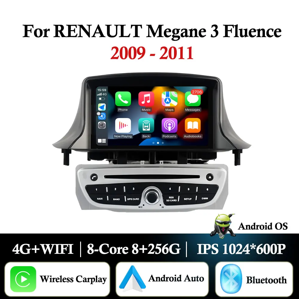 Android 16 Wireless CarPlay For RENAULT Megane 3 Fluence 2008 - 2014 GPS Navigation Car Radio Multimedia Player Bluetooth WIFI