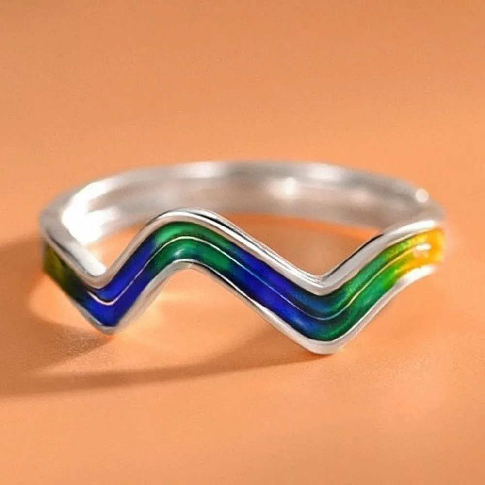 

Real Pure 999 Fine Silver Band Men Women Gift Lucky Colorful Enamel Wavy Ring 2g