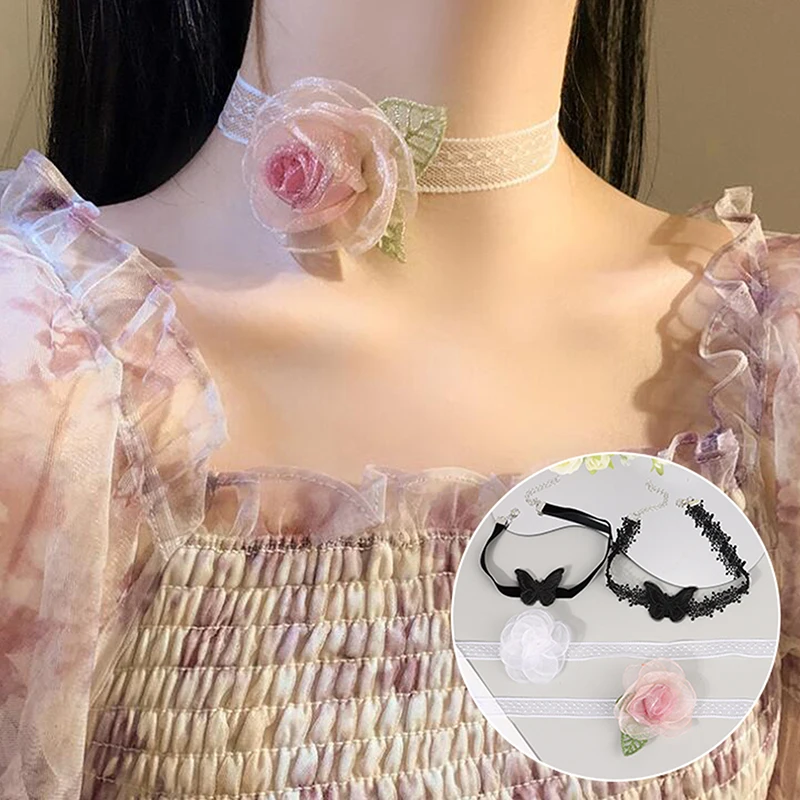 1pc Lace Flower Choker Necklace For Women Elegant Chiffon Adjustable Choker Mariage Jewelry Flower Gift Y2K Necklace