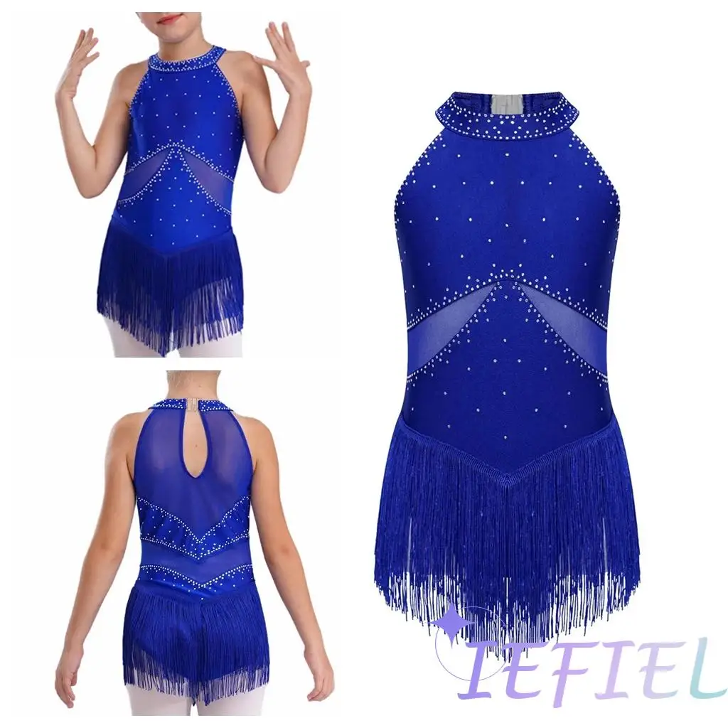 Girls Glittery Rhinestones Fringed Leotard for Jazz Latin Damce Patchwork Keyhole Back Bodysuit for Figure Skating Costume