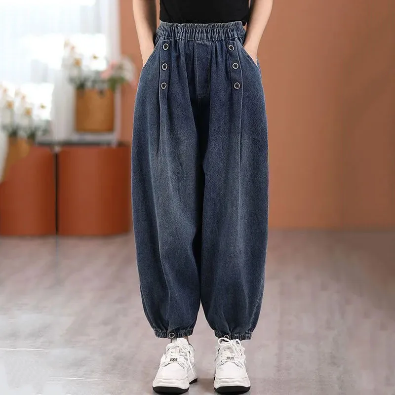 

Women's Retro Casual Denim Harem Pants, Female High Waist Trousers, Washed to Do Old Elastic Waist, Spring, Autumn, New