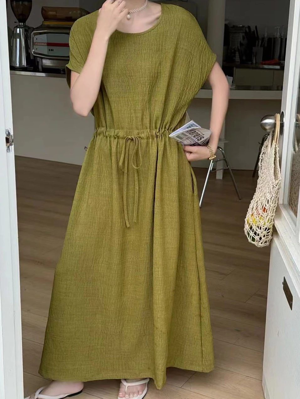 Chic round Neck Short Sleeve Dress Women Loose Drawstring Waist Slimming Texture Straight Tube Long Dress Trendy Casual Cotto...