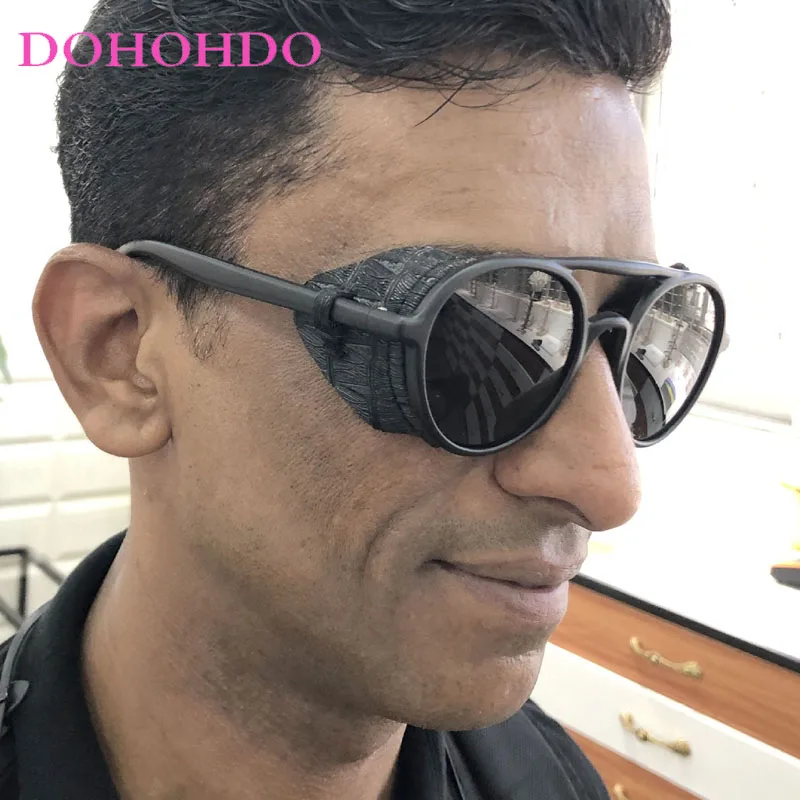 Fashion Vintage Steampunk Sunglasses Men Women Designer Designer Retro Round Leather Glasses Steam Punk Outdoor Goggles UV400