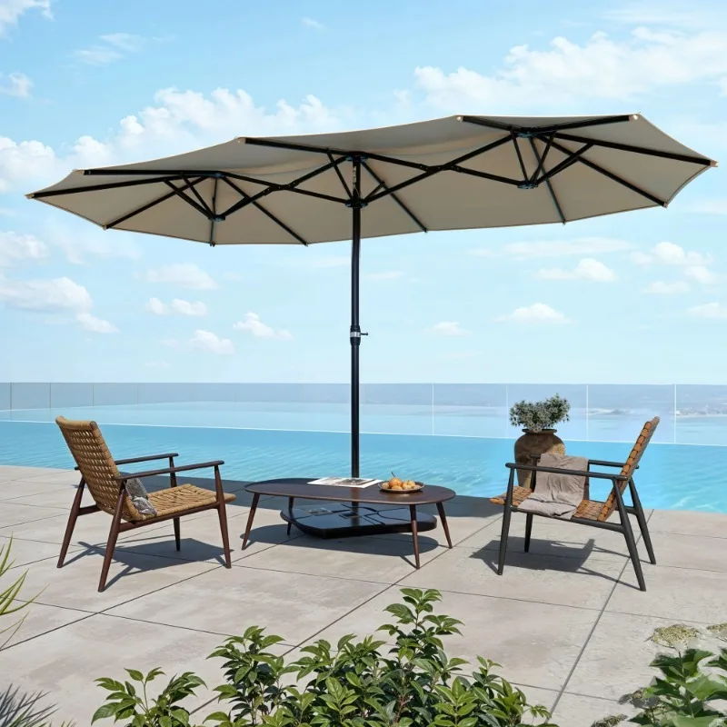 

15ft Outdoor Double-Sided Patio Umbrella, Large Portable Shade Market Table Umbrella,12 Sturdy Ribs & Tilt Adjustment, Kh