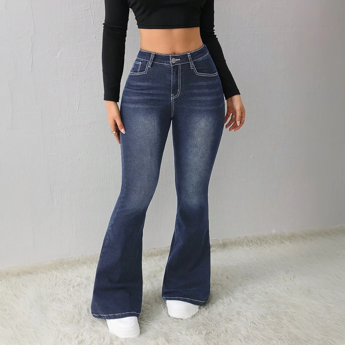 Y2K High Waist Flare Denim Pants for Women Stretchy Slim Fit Casual Vintage Retro Style Elastic Comfortable Jeans for Daily Wear