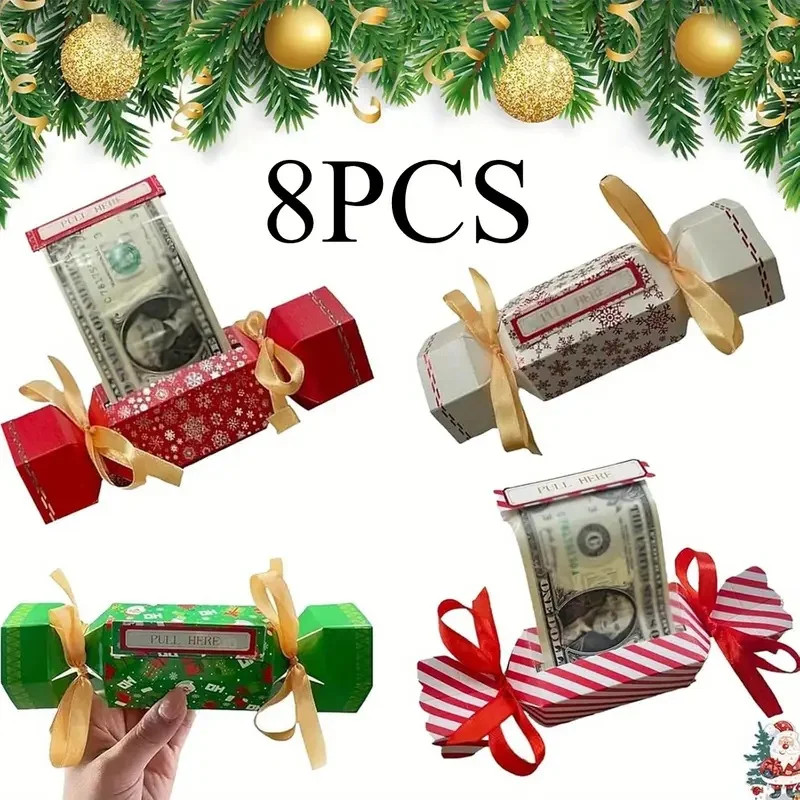 8 قطع من مفرقعات سحب أموال عيد الميلاد، علب هدايا نقدية احتفالية مع تصميم علامة تبويب، هدايا حفلات العطلات وهدايا مفاجئة