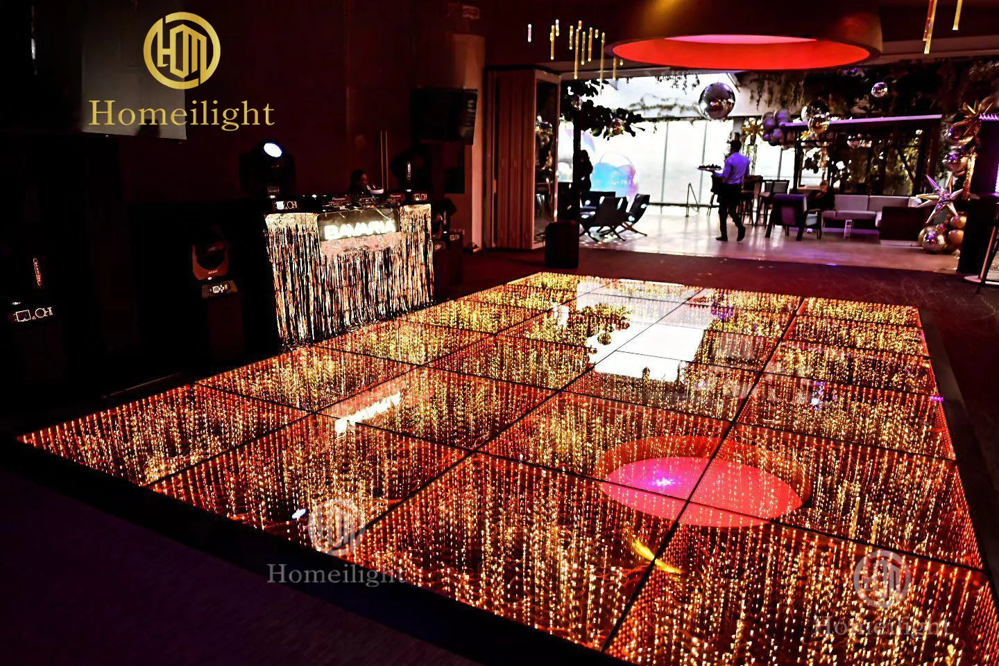 Homei Dance Floor Led 20*20ft Infinity Golden Fairy Starry Dance Floor Tempered Glass Wedding Party Magnetic Track Light 4