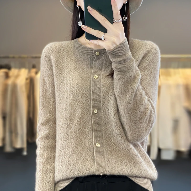 Spring and autumn new 100% wool knitted cardigan ladies hollow O-neck solid color bottoming cashmere sweater outside the coat